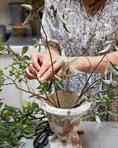 a woman is working on a potted plant in the process of making it into a vase