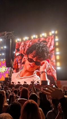 a large screen with a man on it in the middle of a crowd at an outdoor concert