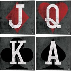 four ace playing cards with the letter j, k, and q in white on black