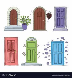 four different doors with plants and potted plants on the top one is blue, green,