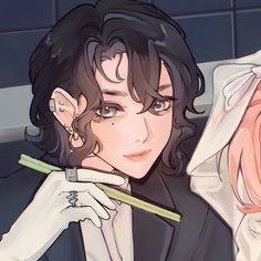 an anime character with black hair holding a toothbrush