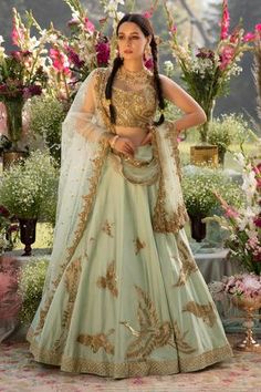 Matching Lehenga, Blouse Yoke, Desi Wear, Embroidered Bird, Green Bird, Embellished Blouse, Embroidered Neckline, Net Dupatta, Embroidery Blouse