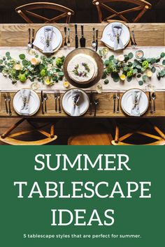 an image of a table setting with place settings for summer tablescapes on it