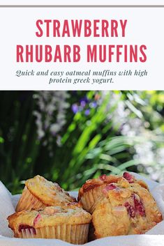 strawberry rhubarb muffins on a white cloth