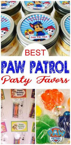 the best paw patrol party favors are in this collage with images and text overlays