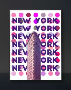 a poster with the words new york on it in pink, purple and red circles