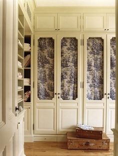 Like the idea of covering up glass-fronted wardrobes with pretty material to hide what's inside. Traditional Architect, Dressing Room Closet, Room Closet, Bedroom Wardrobe, Built In Cabinets, Greenwich Village