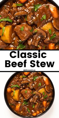 beef stew with carrots, potatoes and parsley in a black bowl on a white background