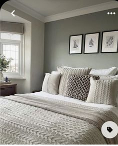 a bedroom with gray walls and pictures on the wall above the bed, along with pillows