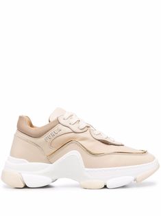 beige/bright-white leather-blend front lace-up fastening round toe chunky rubber sole panelled design Composition Design, White Leather, Bright White, Lace Front, Calf Leather, Rubber Sole, Fashion Branding, Sneakers Nike, Shoes Sneakers