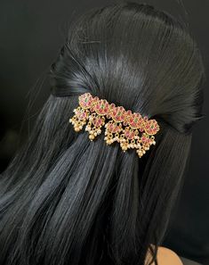 This Antique hair clip with Ruby , Emarald perfectly pairs up with your traditional attire! Please check all the pictures for detailed size and measurements. Height : 3.5 Cm   Width: 9 Cm  Weight: 1 Oz  Care Instruction : Avoid Heat & Chemicals Like Perfume, Deo, Alchol, Etc. | Clean With Dry Cotton Cloth | Pack In our Anti tarnish box after use. Hair Clips For Women, Temple Jewelry, Indian Hair, Jewelry Indian, Traditional Attire, Asian Hair, Temple Jewellery, Indian Hairstyles, Gold Jewellery Design