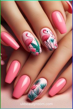 Tropical nails are perfect for summer and vacation looks. They bring a cheerful, fun, and lively vibe to your style. This post... Tropical Christmas Nails, Rose Gold Nails Design, Birthday Nail Designs, Flamingo Nails, Palm Tree Nails, New Years Eve Nails, Summer Nail Designs, Tropical Nails, Bright Summer Nails