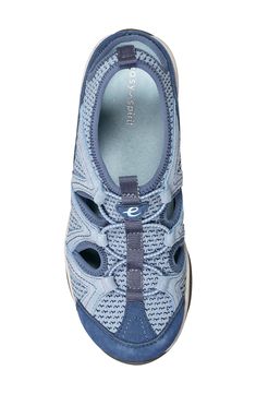 Go the extra mile in this lightweight performance walking shoe featuring a stretchy bungee upper with chic cutout details and a removable contoured footbed. 1 1/2" heel Removable, cushioned insole with arch support Leather and textile upper/textile lining/rubber sole Imported Go The Extra Mile, Easy Spirit, Walking Sneakers, Extra Mile, Grey Blue, Walking Shoes, Mary Jane Sneaker, Arch Support, Womens Sneakers