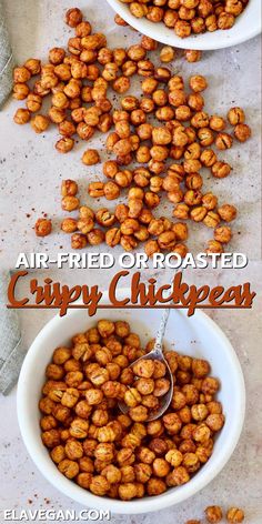 two bowls filled with roasted chickpeas on top of a table