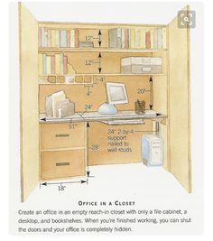 an office in a closet is shown with measurements