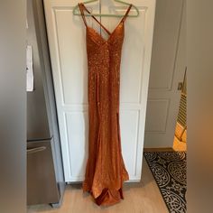 Beautiful Burnt Orange/Rust Sequin Dress. Ordered Custom-Made For My Daughter, It’s Too Big For Her. It Really Is Well-Made. Last Pictures Show What Dress Looks Like When It Fits Properly. Rust Prom Dress Burnt Orange, Burnt Orange Prom Dress, Teal Formal Dress, Orange Prom Dress, Fairy Gown, Hot Pink Prom Dress, Orange Prom Dresses, Halter Party Dress, Lulus Maxi Dress