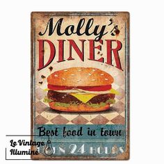 Plaque Métal Vintage Hamburger Molly's Diner - Le Vintage Illuminé Diner Burger, Restaurant Vintage, Vintage Diner, Personalized Housewarming Gifts, Vintage Restaurant, Bar Logo, Vintage Tin Signs, Logo Vintage, Metal Wall Sign