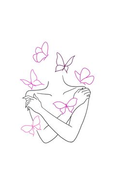 a drawing of a woman with her arms crossed and lots of butterflies flying around her