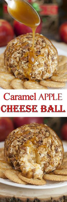 caramel apple cheese ball is being drizzled on top of crackers