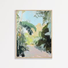 a painting hanging on the wall in front of a white wall with a wooden frame