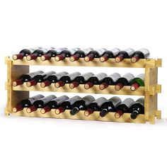 a wooden wine rack filled with lots of bottles