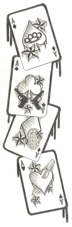 three playing cards with different designs on them