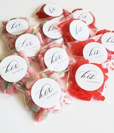 candy candies in cello bags with the names for their wedding day and date printed on them