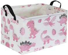 a pink dinosaur storage bin with black handles