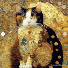 a cat sitting on top of a table next to a circular artwork piece with circles around it