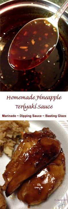 homemade pineapple teriyaki sauce is being spooned over chicken wings and rice