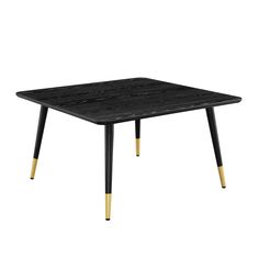 a black table with gold legs and a square shape on the top, against a white background