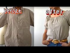 a woman is standing before and after her shirt has been changed to an off the shoulder top