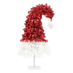 a red and white christmas tree with snowflakes on it's top, in front of a white background