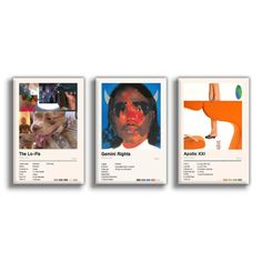 three different posters with people's faces on them, one in orange and the other in blue