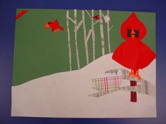 a painting of a red bird standing in the snow with trees and birds flying around