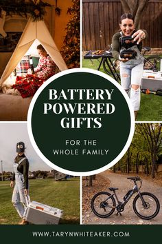 a collage of photos with the words battery powered gifts for the whole family