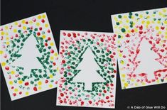 three handmade christmas cards with dots and trees on them