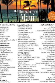 an advertisement with the names of things to do in mahi, including palm trees