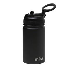 a black water bottle with the word mira on it