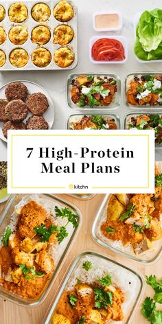 seven high - protein meal plans with text overlay