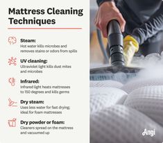 5 mattress clean techniques described, including steam, infrared, and dry powder or foam Mattress Cleaning, Cleaning Techniques, Clean Bedroom, Ultraviolet Light, Dust Mites, Cleaning Organizing, Foam Mattress, Professional Services, Stain Remover