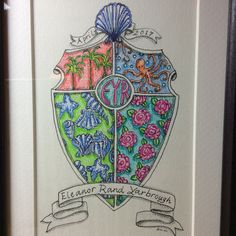 a drawing of a coat of arms with flowers and ribbons on it, in a black frame