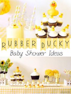 a baby shower party with yellow rubber ducky cupcakes and sunflowers