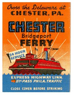 an advertisement for the chester ferry, featuring a red boat and blue sky in the background