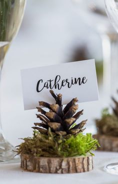 a place card holder with pine cones and moss sits on a table next to wine glasses