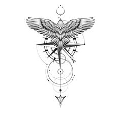 a drawing of a bird with an arrow on it's back and compass in the middle