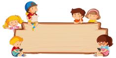 children sitting around a wooden sign with an empty board in the middle on a white background