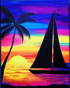 an acrylic painting of a sailboat at sunset with palm trees in the foreground