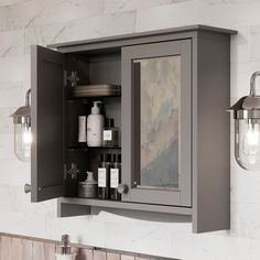 the medicine cabinet is built into the wall above the sink, and has two lights on either side