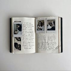 an open book with pictures and writing on the pages is shown in black and white